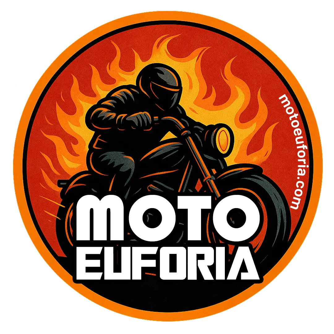 Logo de Moto Euforia: motociclista sobre una moto frente a llamas, con el texto Moto Euforia